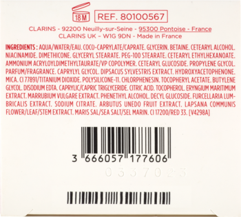 Tył opakowania Clarins Multi-Active kremu przeciwzmarszczkowego na dzień z niacynamidem, widoczne składniki.