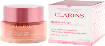 Clarins Multi-Active Jour Glow Boosting Day Cream, z niacynamidem, dla skóry suchej. Różowy słoiczek i pudełko pod kątem.