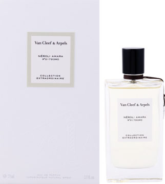 Van Cleef & Arpels Neroli Amara Collection Extraordinaire EDP, przezroczysta butelka z czarnym korkiem i białe pudełko.