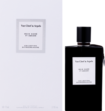 Woda perfumowana Van Cleef & Arpels Bois Doré. Czarna butelka i białe pudełko obok, widok z przodu.