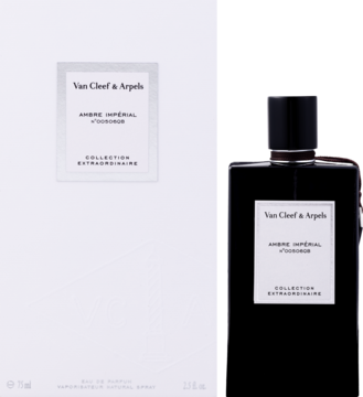Woda perfumowana unisex Van Cleef & Arpels Ambre Impérial: ciemna butelka i białe pudełko, widok z przodu.