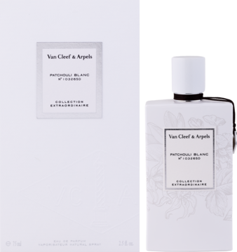 Perfumy Van Cleef & Arpels Patchouli Blanc, biała butelka i pudełko z delikatnym wzorem, widok z przodu.