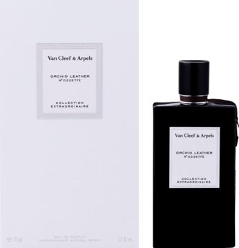 Van Cleef & Arpels Orchid Leather, luksusowa woda perfumowana unisex w ciemnej butelce i białym pudełku.