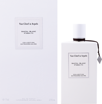 Biała butelka perfum Van Cleef & Arpels Santal Blanc unisex obok pudełka, z czarnym napisem, widok z przodu.