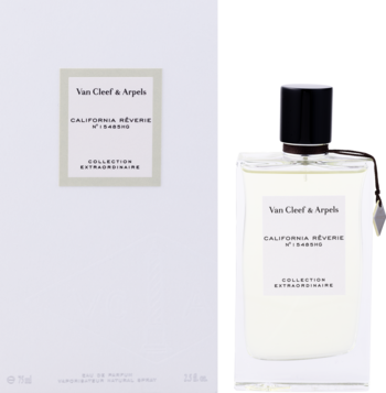 Woda perfumowana Van Cleef & Arpels California Rêverie, butelka i białe pudełko obok siebie.