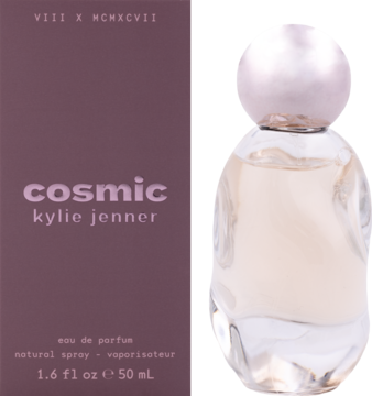 Kylie Jenner Cosmic woda perfumowana. Rzeźbiarska butelka z bladoróżowym płynem i fioletowo-różowe pudełko.