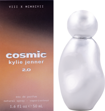 Kylie Jenner Cosmic 2.0 woda perfumowana 50ml: widok z przodu pudełka i perłowej butelki o organicznym kształcie.