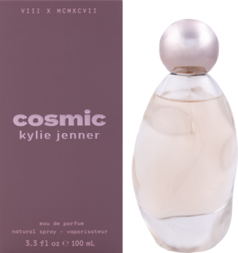 Kylie Jenner Cosmic Eau de Parfum w matowym różowym pudełku i eleganckiej, rzeźbionej butelce, widok z przodu.
