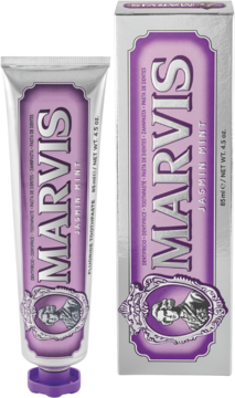 Marvis Jasmin Mint fluorowana pasta do zębów w fioletowej tubce i srebrnym kartoniku, widok z przodu.