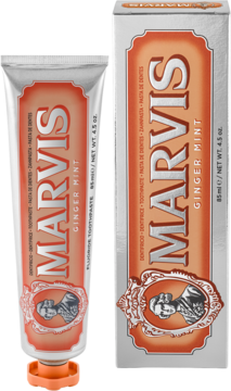 Marvis Ginger Mint pasta do zębów, 85ml. Obok siebie pomarańczowo-srebrna tubka i pudełko z logo MARVIS.
