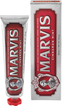 Marvis Cinnamon Mint pasta do zębów w czerwonej tubie z czerwoną zakrętką i pasującym kartoniku, przód.