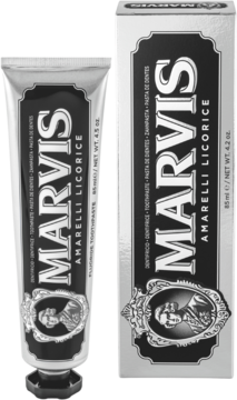 Marvis Amarelli Licorice pasta do zębów: srebrno-czarna tuba i pasujące, eleganckie pudełko, widok z przodu.