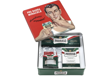 Zestaw Proraso do golenia w zielonej metalowej puszce z czerwoną pokrywą vintage, zawiera 3 kosmetyki. Eukaliptus, mentol.