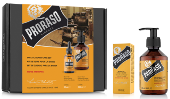 Zestaw Proraso Wood&Spice do brody: szampon i olejek w butelkach, obok brązowy szampon z pompką.
