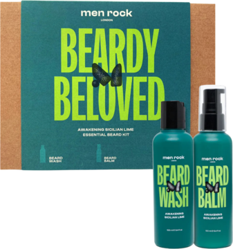 Men Rock Beardy Beloved zestaw do brody: zielone butelki z szamponem i balsamem o zapachu sycylijskiej limonki, na tle pudełka.