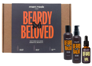 Men Rock Beardy Beloved zestaw do brody: brązowe pudełko z napisem i 3 ciemne butelki szamponu, balsamu, olejku, widok z przodu.