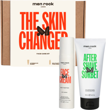 Zestaw Men Rock The Skin Changer: brązowe pudełko, biała butelka kremu do twarzy i tuba sorbetu po goleniu.