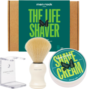 Men Rock The Life Shaver Sicilian Lime: zielone pudełko, kremowy pędzel do golenia, biały krem i przezroczysty stojak.