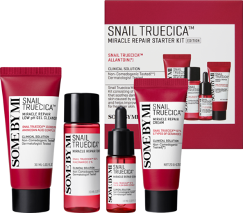 Zestaw SOME BY MI Snail Truecica Miracle Repair, czerwono-czarne opakowania produktów i białe pudełko, widok z przodu.