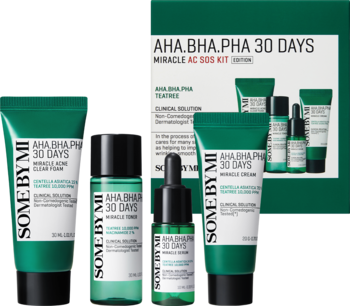 SOME BY MI Miracle AC SOS Kit: 4 zielone produkty AHA/BHA/PHA do cery trądzikowej, z pudełkiem, widok z przodu.