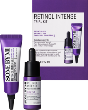 SOME BY MI Retinol Intense Kit: fioletowy krem pod oczy i serum z retinolem, plus pudełko testowe.