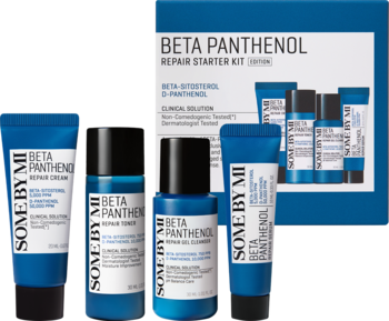 SOME BY MI BETA PANTHENOL Repair Starter Kit: niebieskie butelki i tubki toniku, serum, kremu, żelu obok pudełka.