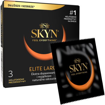 Czarne pudełko SKYN Elite Large z 3 ultracienkimi prezerwatywami, widoczne pomarańczowe logo i folia obok.