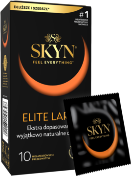 SKYN Elite Large ultracienkie prezerwatywy, czarne pudełko z pomarańczowym logo i złotym napisem, z boku saszetka.