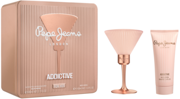 Zestaw Pepe Jeans Addictive For Her: różowo-złote pudełko, flakon perfum w kształcie kieliszka martini i balsam.