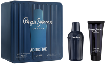 Granatowy zestaw Pepe Jeans Addictive dla mężczyzn: prążkowane pudełko, butelka wody toaletowej i tubka.