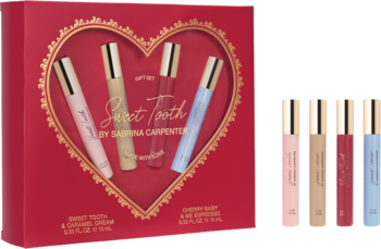 Zestaw perfum Sabrina Carpenter 4x10ml Sweet Tooth, czerwone pudełko w serce z czterema kolorowymi flakonami.
