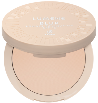 Lumene Blur podkład w pudrze SPF 15, otwarty jasnobeżowy kompakt z matowym wykończeniem, widok z góry.