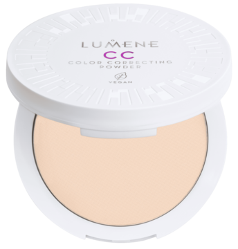 Otwarty biały puder kompaktowy Lumene CC Color Correcting Powder, jasny beż, z grawerowaną pokrywką.