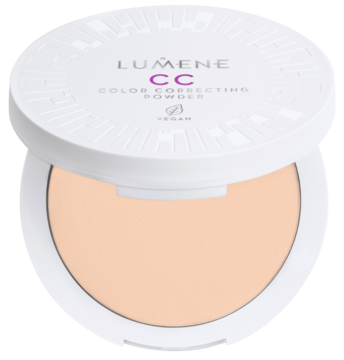 Lumene CC Color Correcting Powder, białe otwarte opakowanie, jasny beżowy puder prasowany widok z góry.