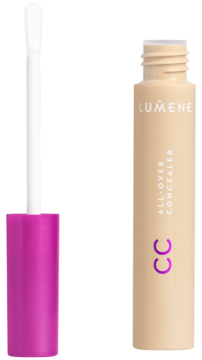 Lumene korektor CC w beżowej butelce z widocznym aplikatorem, odcień 0.5 Light, na czarnym tle.