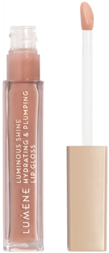 Lumene Luminous Shine błyszczyk Pale Honey, nawilżający i powiększający, widok otwartego opakowania z aplikatorem.