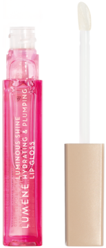 Lumene Luminous Shine Hydrating & Plumping Lip Gloss w różowej butelce z aplikatorem i złotą zakrętką, widok z przodu.