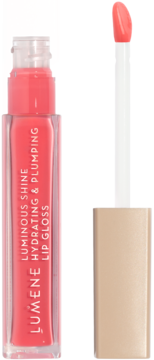 Lumene Luminous Shine Hydrating & Plumping Lip Gloss, peach pink, w przezroczystej tubce z aplikatorem obok.