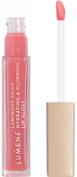 Lumene Luminous Shine Hydrating & Plumping Lip Gloss w odcieniu Soft Pink, w przezroczystej tubce z aplikatorem.