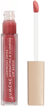 Błyszczyk Lumene Luminous Shine w odcieniu Petal Pink, w przezroczystej tubce, obok aplikator.
