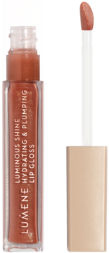 Lumene Luminous Shine Hydrating & Plumping Lip Gloss, Sunset Glow, butelka z aplikatorem obok.