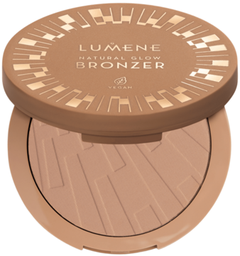 Otwarty brązowy bronzer Lumene Natural Glow Arctic Summer z półmatowym wykończeniem i wzorzystym wieczkiem, widok z góry.