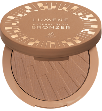 Otwarty brązowy Lumene Natural Glow Bronzer Arctic Sun z reliefem w okrągłym kompakcie, widok z góry.