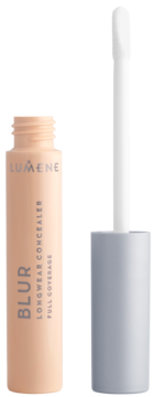 Lumene Blur Longwear Concealer w cielistej butelce z wyjętym aplikatorem, napisy BLUR i FULL COVERAGE.