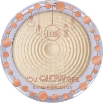 J.cat Beauty You Glow Girl 101 White Goddess wypiekany rozświetlacz w złotym odcieniu, z wzorem, w okrągłym kompakcie z różowo-złotymi detalami.