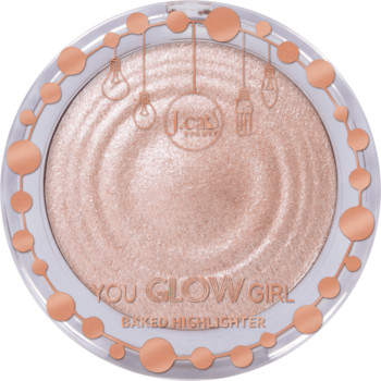 J.Cat Beauty You Glow Girl 104 Crystal Sand, wypiekany rozświetlacz w odcieniu różowego złota, mieniąca tekstura, widok z góry.