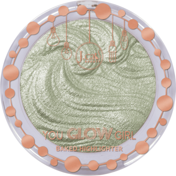 You Glow Girl 108 Mermaid Skin, jasnozielony, wypiekany rozświetlacz w okrągłym kompakcie, z efektem swirlowej tekstury.