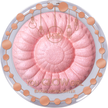 Różowy wypiekany rozświetlacz Unicorn Fave You Glow Girl w okrągłym kompakcie, spiralny wzór, widok z góry.