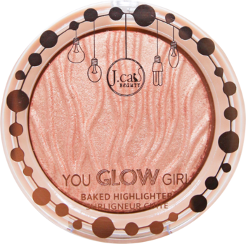 Wypiekany rozświetlacz You Glow Girl 110 Solstice Beam, różowo-złoty, w okrągłej puderniczce z wzorem, z góry.