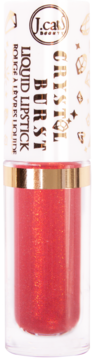 J.cat Beauty Crystal Burst Liquid Lipstick w przezroczystej tubie z metalicznym, brokatowym czerwonym odcieniem, widok z przodu.